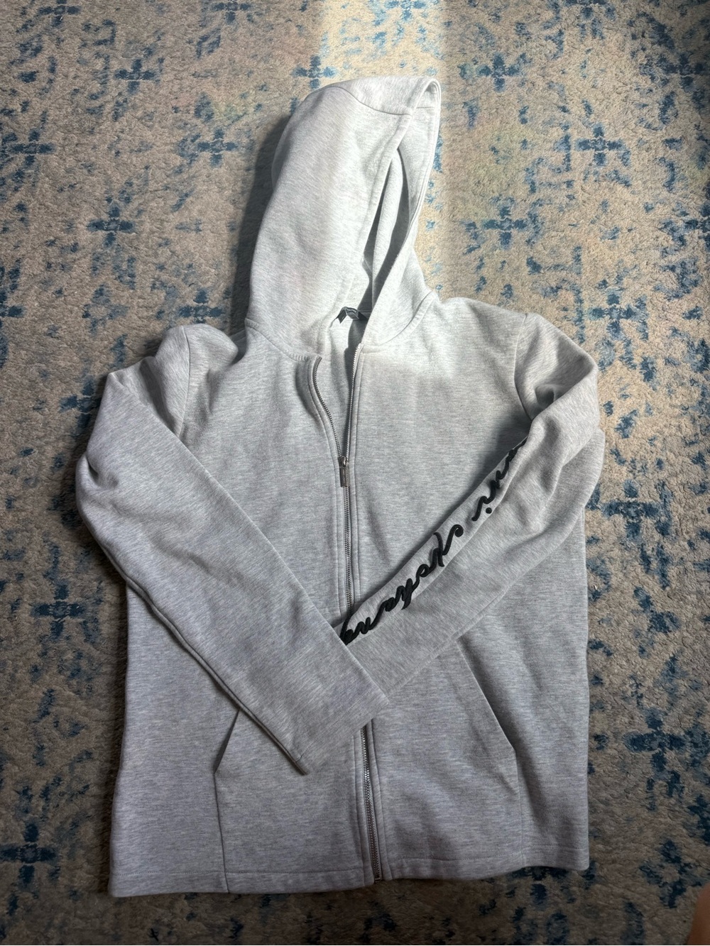 Heather Gray Zip-Up Hoodie with Script Sleeve Detail